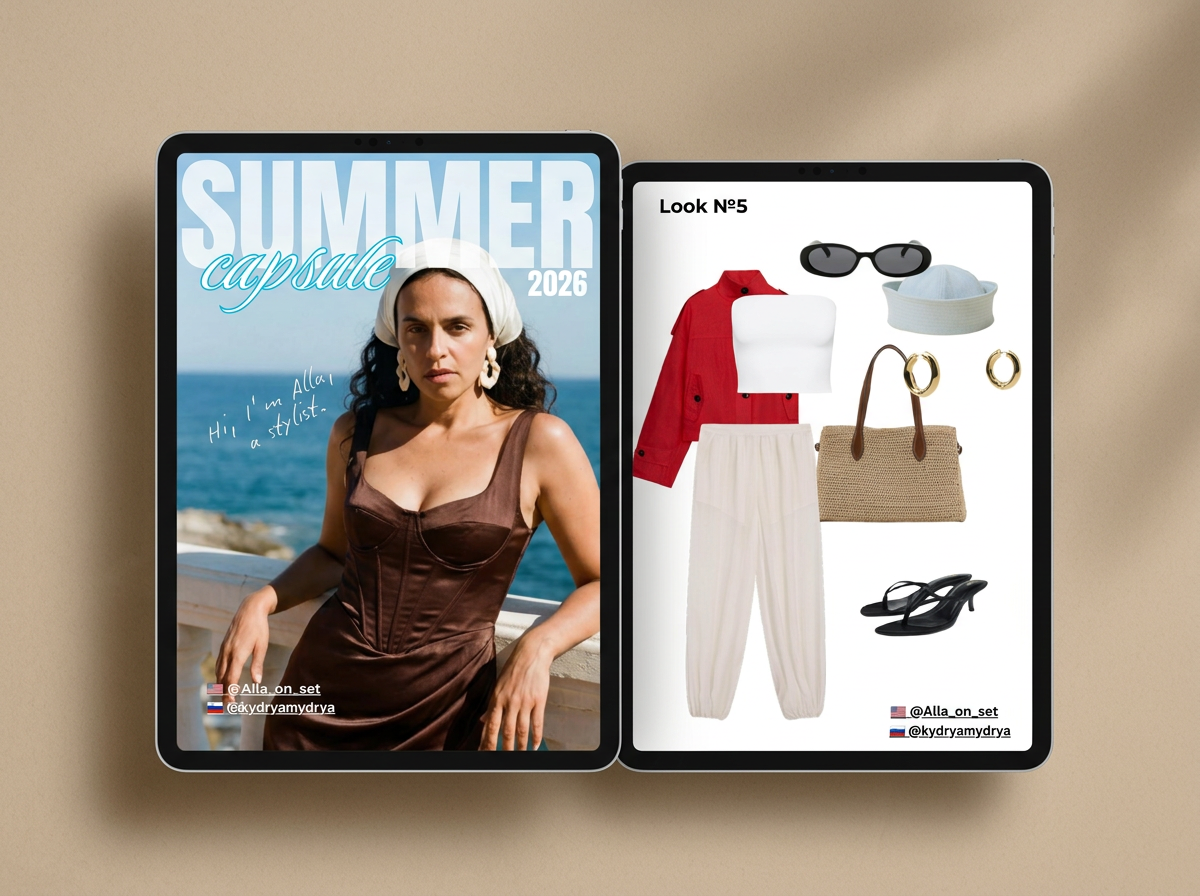 Real pages from the Summer 2026 Capsule Wardrobe Guide shown on iPad — cover and Look №5
